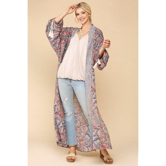 Mix-Printed Side Slit Drawstring Cuff Open Kimono Cardigan - Light Rose - Picture 3 of 4